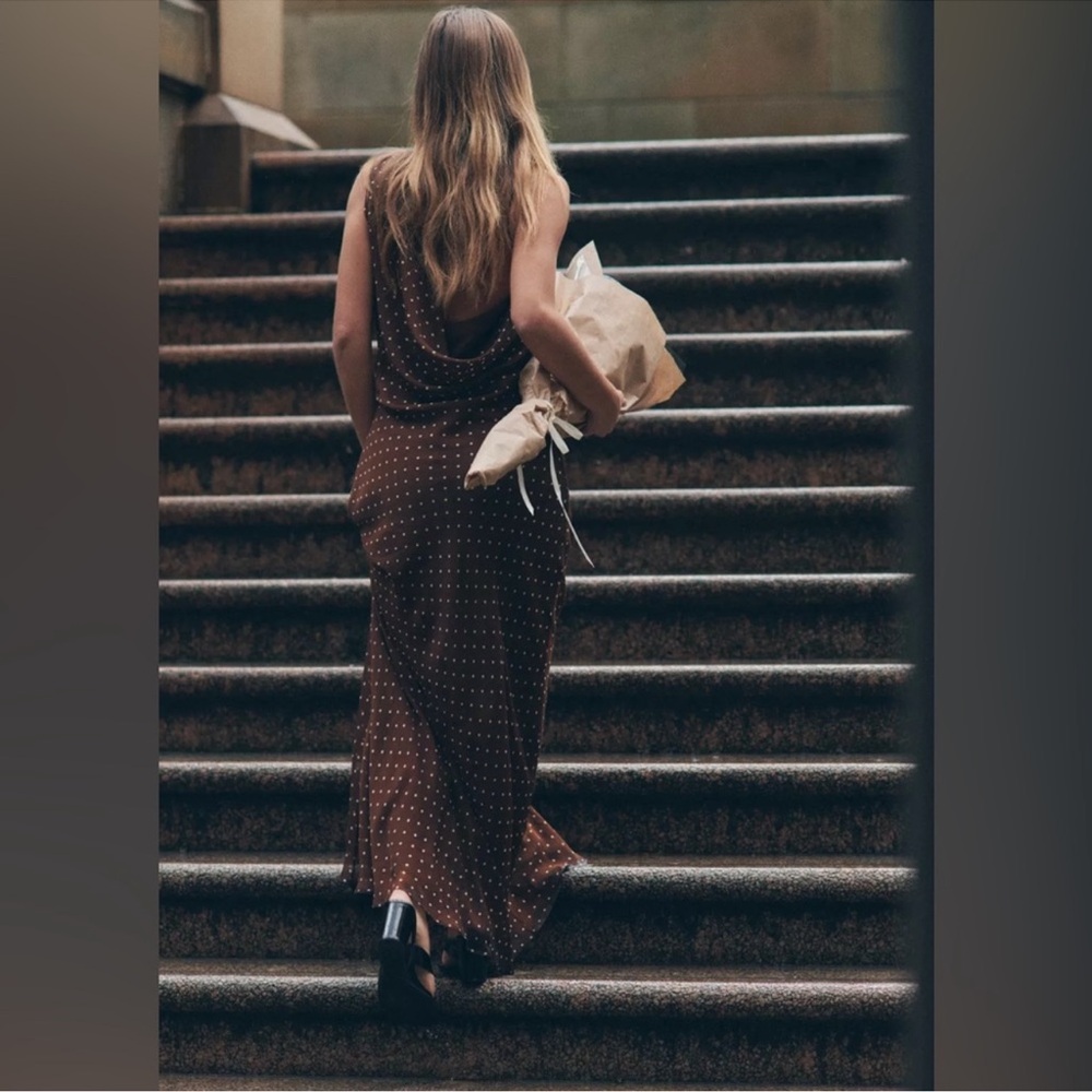 ZARA Brown Draped Neck Polka Dot Maxi Dress - Picture 10 of 17